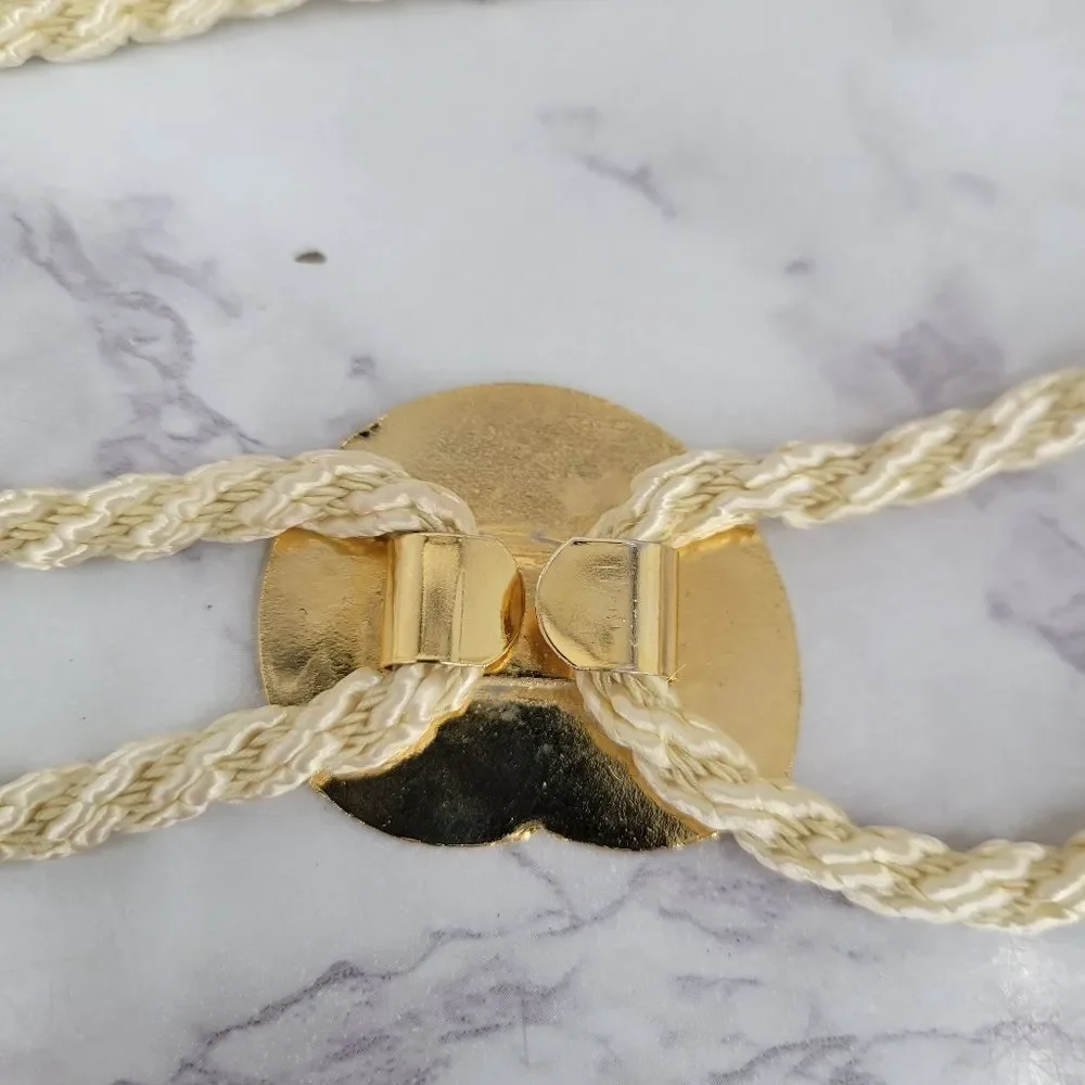 Vintage Cream Rope Belt with Gold Toned Cloissone Floral Enamel Seashell Buckle